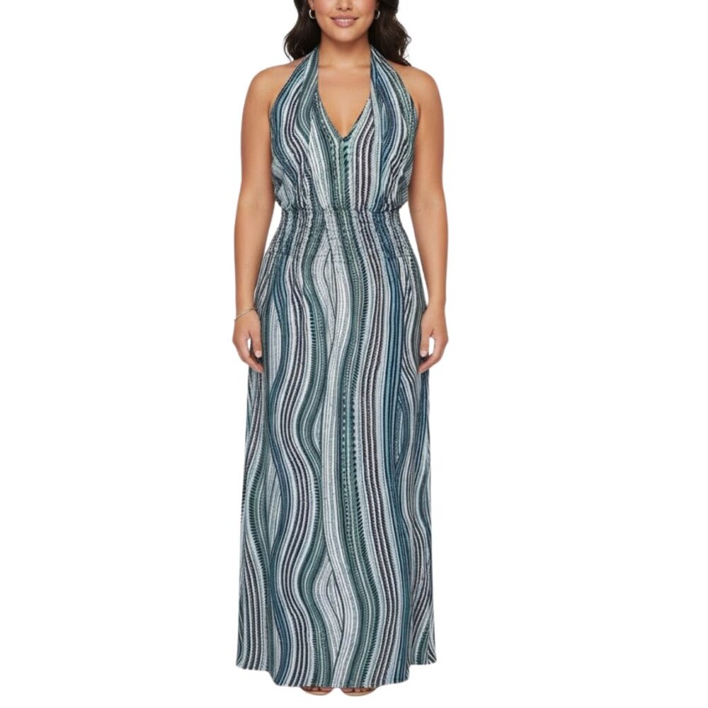 Blue Abstract Wavy Print Halter Maxi Dress Smocked Waist Size L